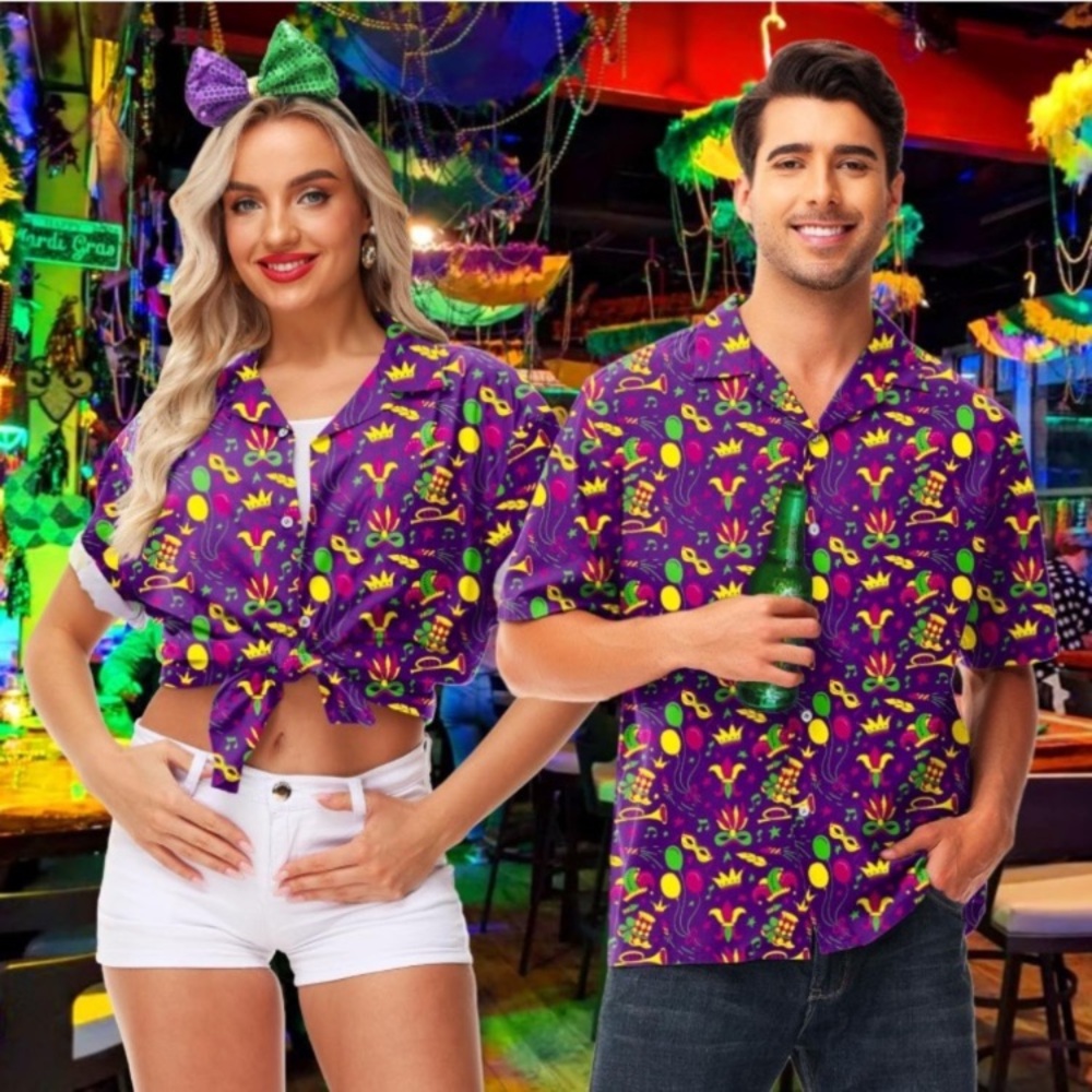 ~Men Mardi Gras Button Shirts Valentines Hawaiian Shirt Holiday Collared Top~